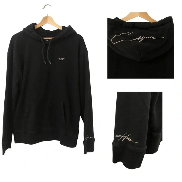 Hollister Hoodie Men's Large Embroidered Sleeve Hood Black Casual Streetwear - Picture 13 of 13